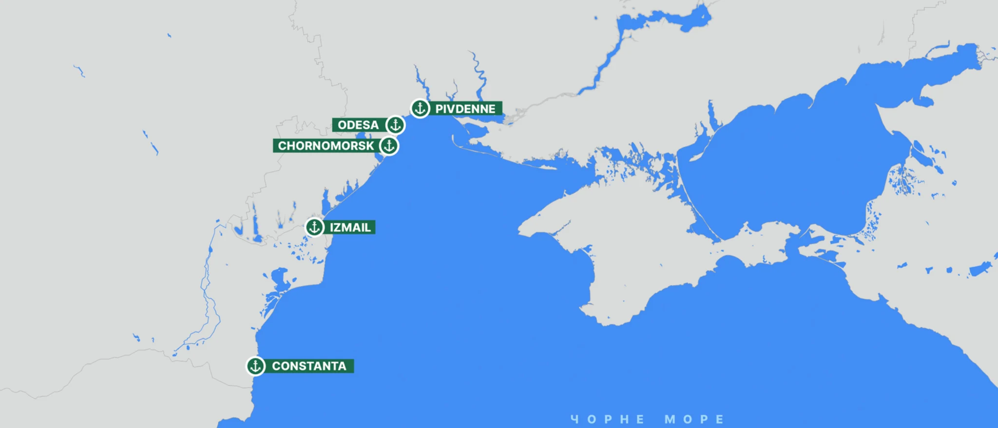 Карта портів Чорноморськ, Одеса, Південне, Ізмаїл і Констанца